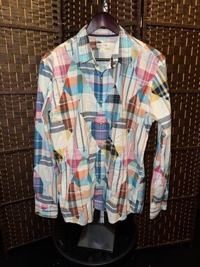 Sun + Stone Multicolor Plaid Cotton Button-Down Shirt western Cowboy large